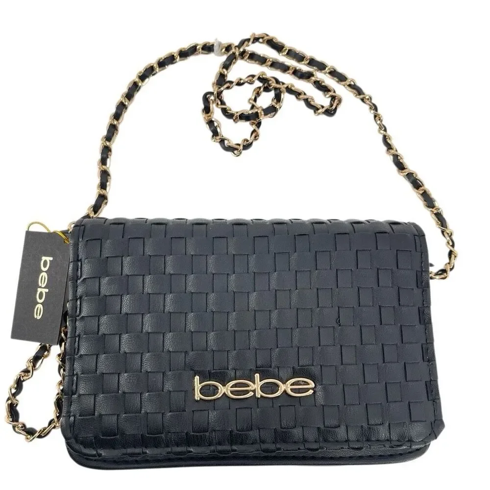 Bebe Yara Woven Vegan Leather Crossbody Bag Black Gold Chain NWT